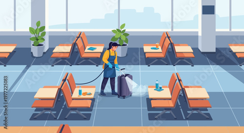 Cleaning Staff Vacuuming Office Floor Illustration.