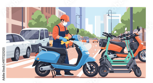 Delivery Man on Blue Motor Scooter.