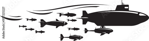 Military submarine, vector illustration, black silhouette, warship, naval fleet, missile launch