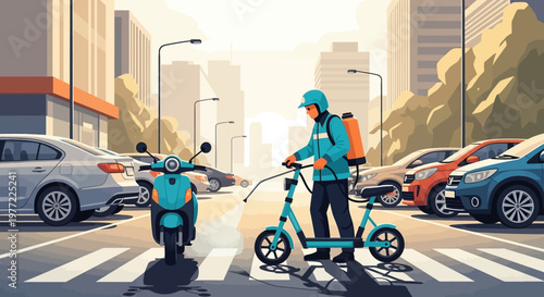 Delivery Man on Electric Scooter in City.