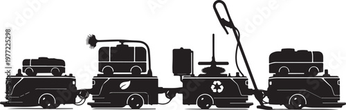 Cleaning, janitorial, and maintenance vehicle icons, black silhouette set