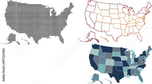 United States map vector collection showing halftone dots outline borders and colorful state regions for infographic and data design
