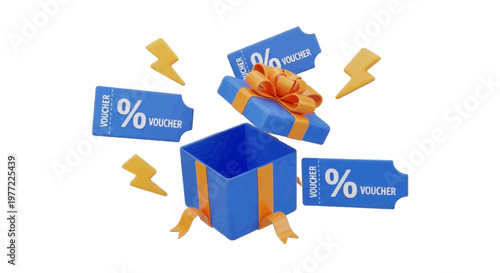 Vector illustration of 3d render of an open gift box with floating discount vouchers and lightning icons on a transparent background