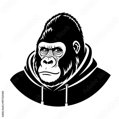 Gorilla wearing a hoodie, graphic illustration, cool ape portrait, urban style