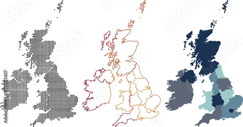 Collection of United Kingdom and Ireland vector maps in various graphic styles perfect for data visualization design projects.