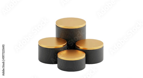 Vector illustration of set of four cylindrical wooden containers with gold lids on a transparent background
