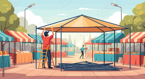 Man Assembling Market Stall Canopy Structure.