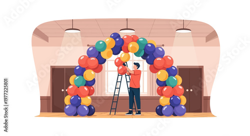 Man Decorating with Colorful Balloons on Ladder.