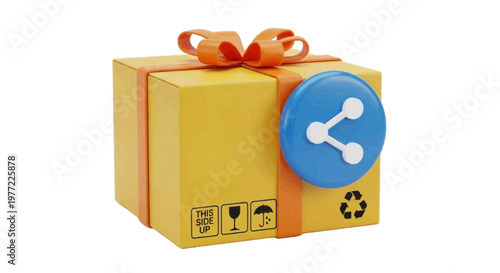 Vector illustration of 3d illustration of a yellow gift box with a share icon and shipping symbols on a transparent background