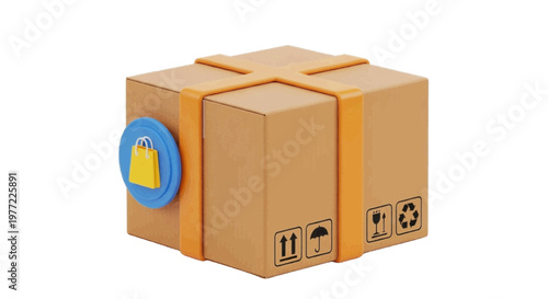 Vector illustration of 3d illustration of a cardboard delivery box with a shopping bag icon on a transparent background
