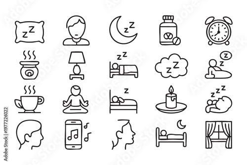 Night routine and relaxation vector icons for mental health platforms