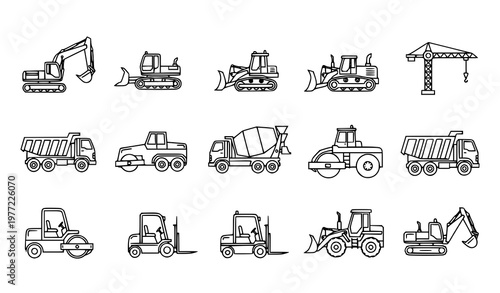 Construction vehicles outline icon set excavator bulldozer vector illustration
