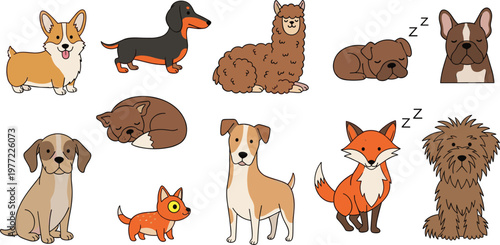 Adorable Dog Breed and Wild Animal Vector Set Featuring Corgi, Dachshund, French Bulldog, Alpaca, and Fox for Children's Nursery Decor, Pet Branding, and Stationery