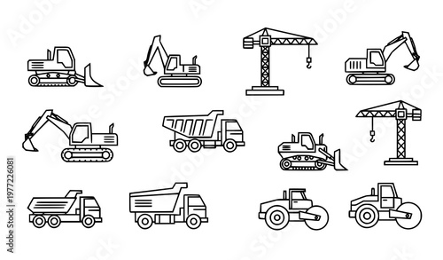 Minimal construction vehicle outline icons heavy machinery vector illustration set