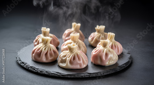 Steaming hot khinkali dumplings served on a round black slate plate against dark background