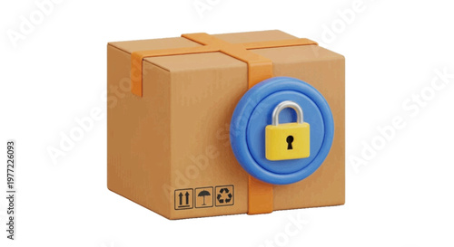 Vector illustration of 3d render of a cardboard shipping box secured with a padlock icon on a transparent background