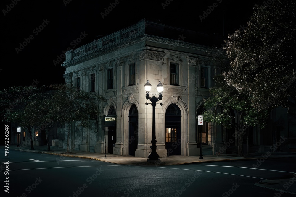 Fototapeta premium A classical architectural structure illuminated at night, streetlights reveal its details