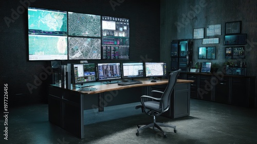 Modern dark control room featuring multiple computer screens displaying data and maps, an ergonomic office chair, and technology for real time monitoring and advanced security operations