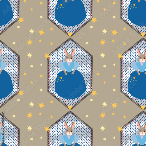 Seamless vector pattern with cute bunny in blue dress holding a magic wand