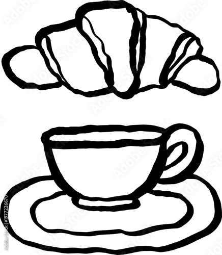 Coffee cup and croissant in naive doodle style. Hand-drawn cafe drawing
