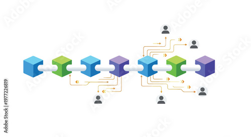 Blockchain Network with Connected Blocks and User Icons