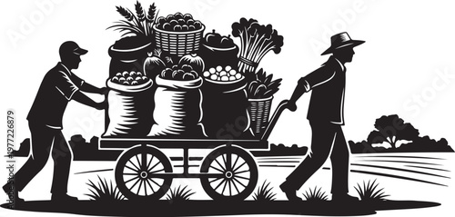 Farmers pushing cart with harvest, agricultural illustration, black silhouette, farming scene, vector graphics