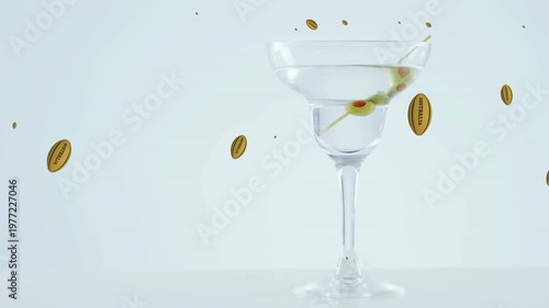 Animation of balls with australia falling over glass of martini on white background