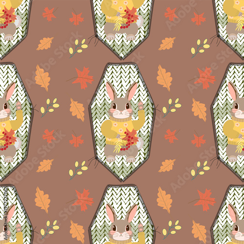 Seamless autumn pattern with cute rabbits in sweaters on hand-stitched knitted patches