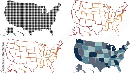 USA map collection featuring halftone dot pattern, outline borders, and colorful state regions in a professional vector graphic illustration set