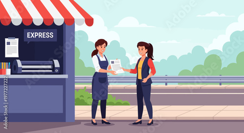 Two Women Exchanging Package at Postal Booth.