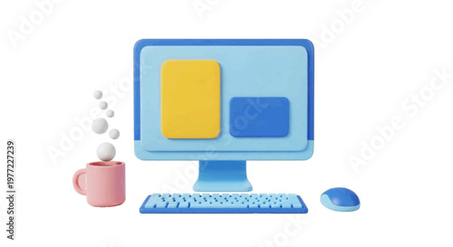 Vector illustration of 3d illustration of a computer setup with a coffee mug on a transparent background