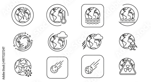 Collection of Earth Disaster Icons in Outline Style.