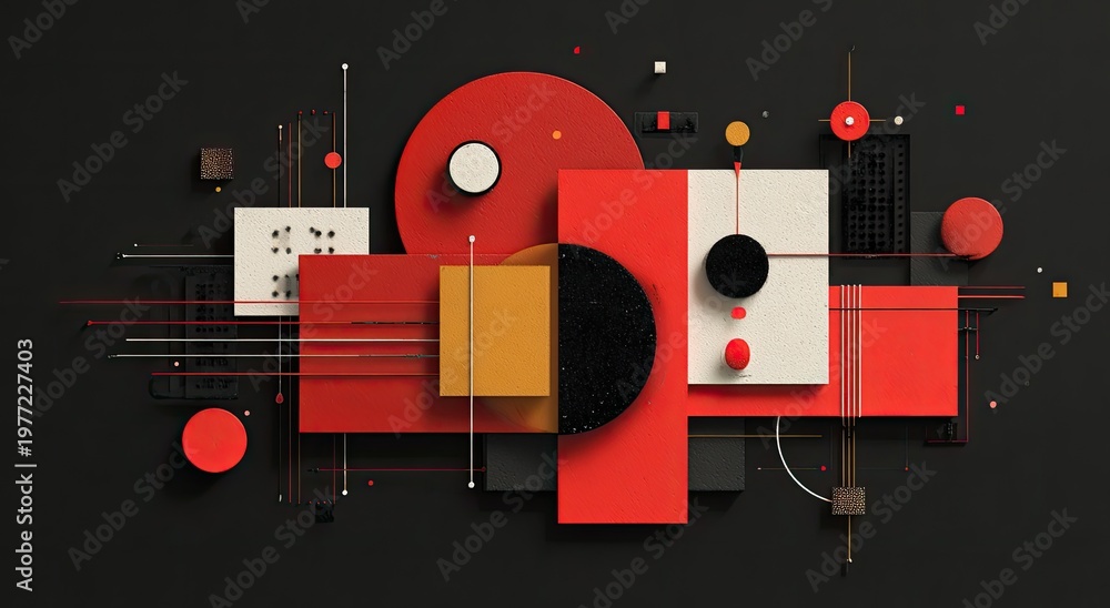 Obraz premium A geometric composition with red, yellow, black, and white shapes on a dark gray background