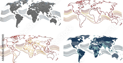 World map vector illustration set featuring global continents with decorative flowing wave lines for modern business and communication design projects