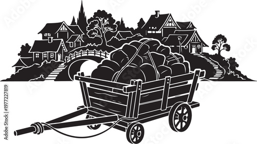 Vintage Hay Wagon, Rural Landscape, Farm Illustration, Black and White Vector
