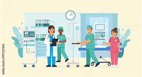 Medical team in hospital room with patient on gurney in flat colorful illustration for healthcare