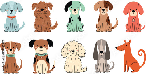 Adorable Puppy and Dog Character Vector Set Featuring Diverse Breeds with Cute Accessories and Colorful Patterns for Pet Care Branding and Nursery Decor