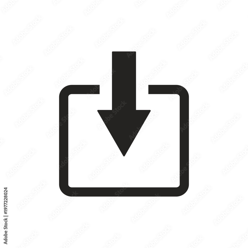 Fototapeta premium Simple black download icon with a downward pointing arrow inside a square symbol