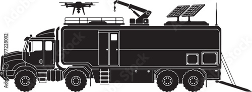 Black emergency response truck, drone, solar panel, vector illustration, rescue vehicle, crisis management