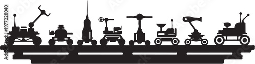 Industrial machinery, heavy equipment, construction vehicles, silhouette icons, industrial tools