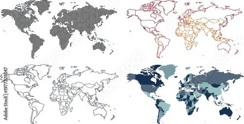 World map vector set featuring dot patterns and outline continents for global business infographic design and digital geography presentation