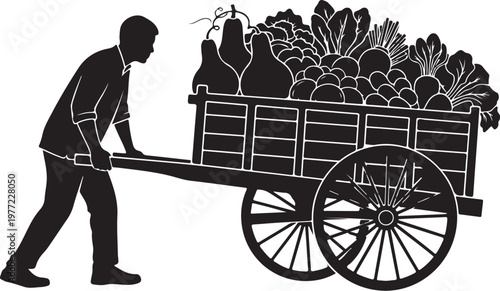 Black silhouette of man pushing vegetable cart, farm illustration, agricultural icon, monochrome graphic