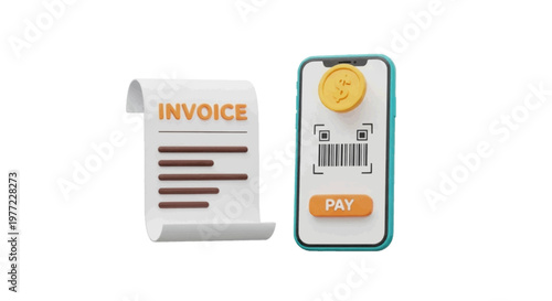 Vector illustration of 3d illustration of an invoice and a smartphone for online payment on a transparent background