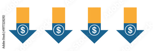 Trendy cost reduction vector icon set with colorful business savings signs, financial optimization symbols, budget decrease elements and modern flat design for corporate and finance projects