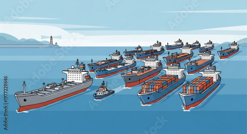 Fleet of Cargo Ships Sailing on the Open Sea.