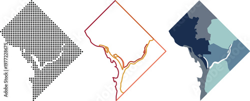 Washington DC map vector illustration set featuring dotted outline linear border and flat colored regions for professional graphic design usage