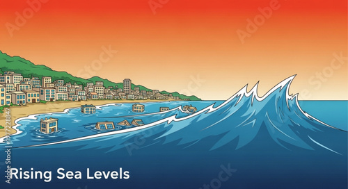 Illustration of Rising Sea Levels Threatening Coastal City.