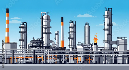 Industrial Refinery Complex with Towers and Pipelines Against a Blue Sky.