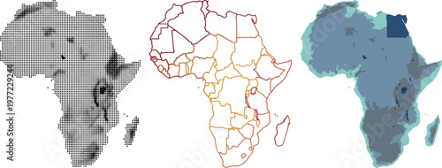 Africa map vector collection featuring dot matrix style line art outline and layered geographical design elements for professional graphic projects
