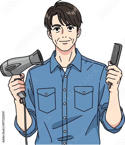Male hairdresser illustration holding a professional hair dryer and comb in casual denim shirt with hairdresser